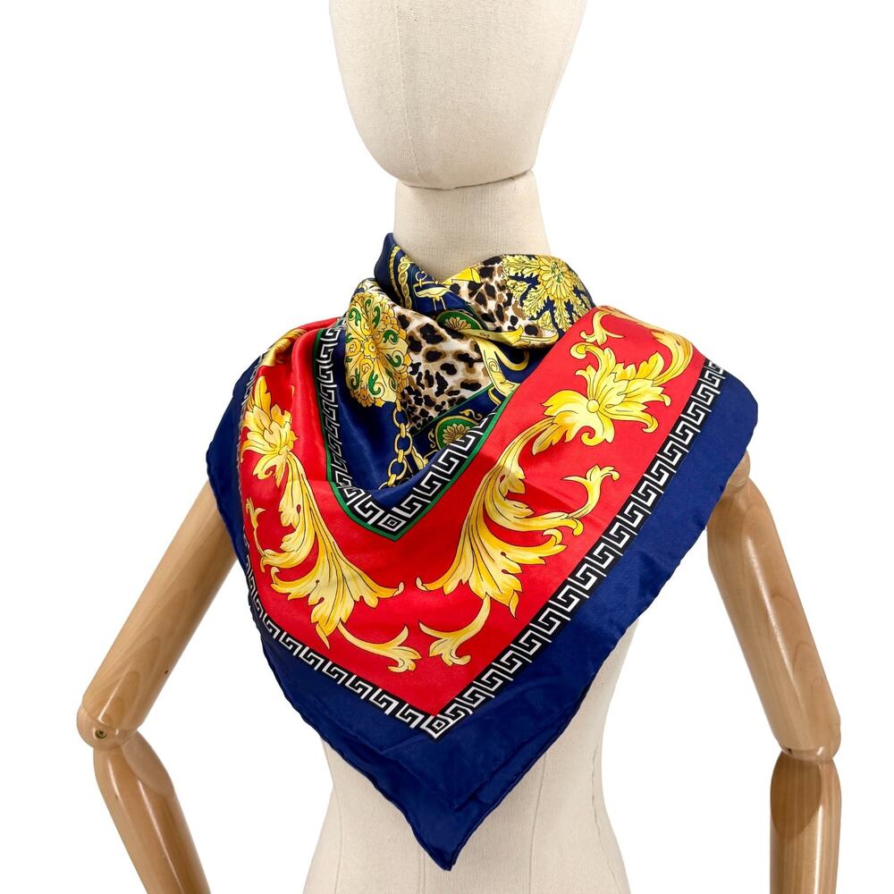 Vintage 90s Navy Blue Red 100% Silk Baroque Leopard Scarf
